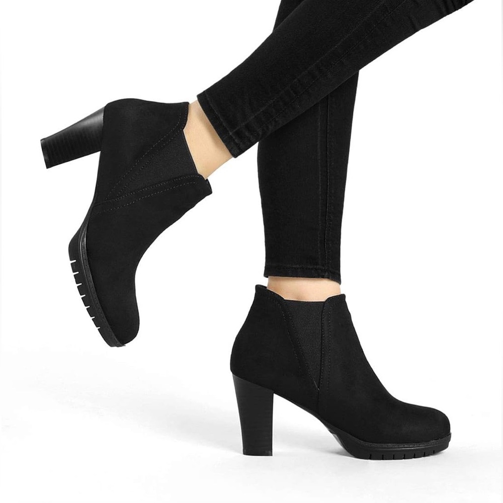 Allegra K Faux Suede Platform Chelsea Ankle Boots Block Heel Black 9.5 New